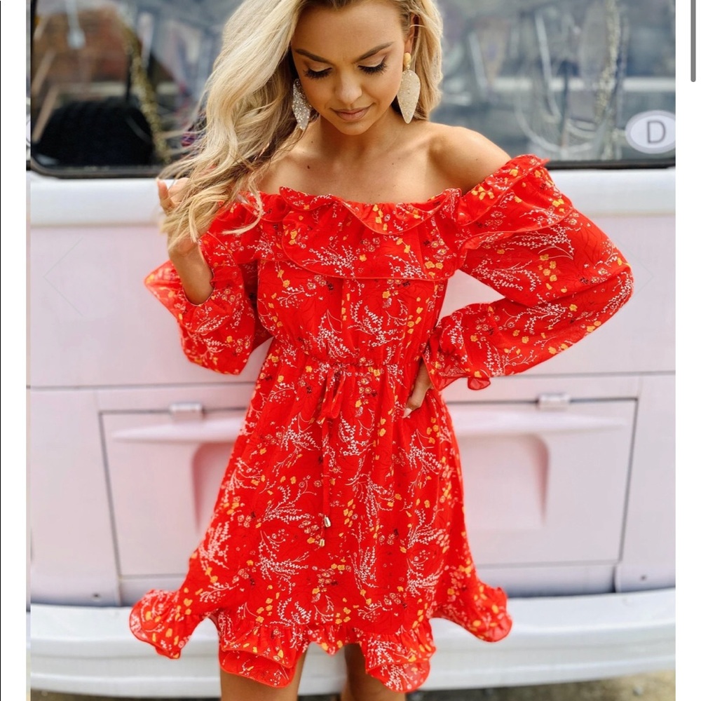 Orange/ red off shoulder dress